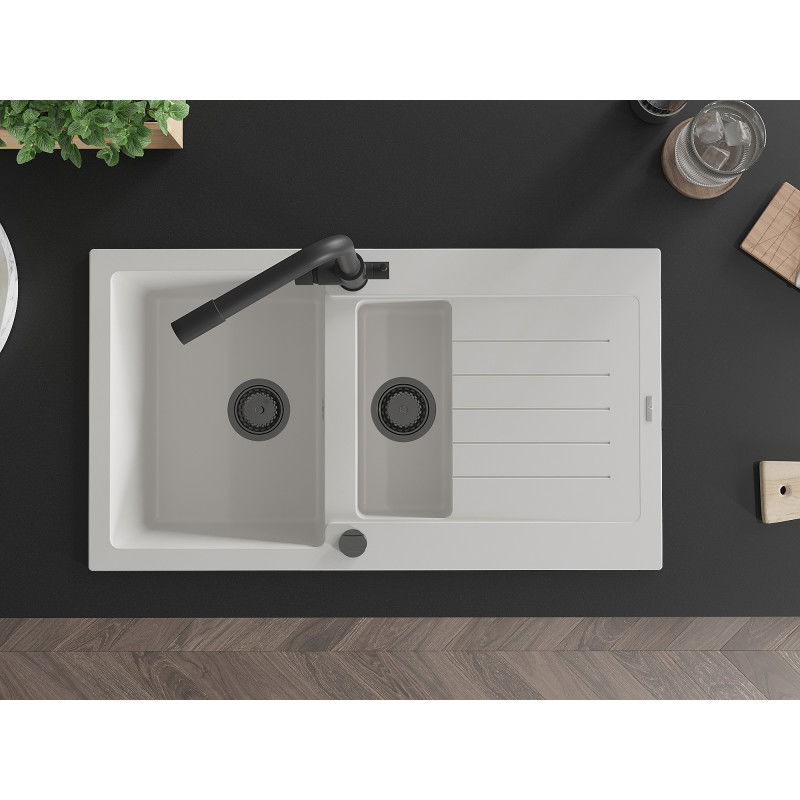 Mexen Matias granite sink 1.5-basin with drainer and Duero kitchen tap, white - 6502-20-671600-70