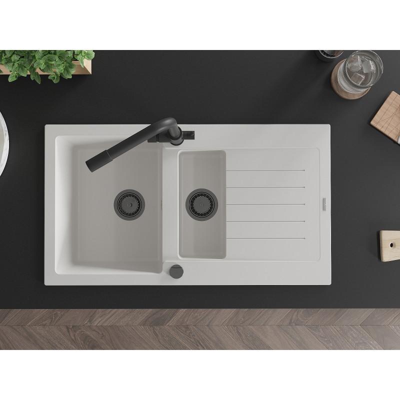 Mexen Matias granite sink 1.5-bowl with drainer and Duero kitchen faucet, white - 6502-20-671600-70