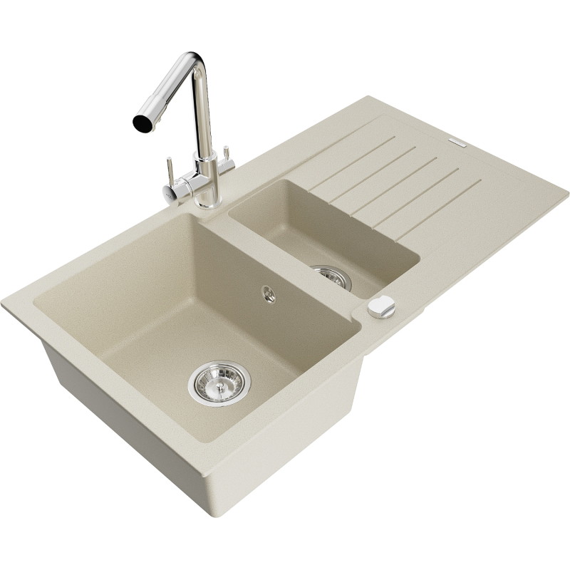 Mexen Matias 1.5-bowl granite sink with drainer and Duero kitchen faucet, beige - 6502-69-671600-00