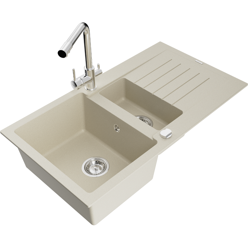 Mexen Matias 1.5-compartment granite sink with a drip tray and kitchen mixer tap Duero, Beige - 6502-69-671600-00