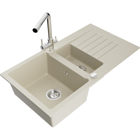 Mexen Matias 1.5-compartment granite sink with a drip tray and kitchen mixer tap Duero, Beige - 6502-69-671600-00