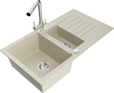 Mexen Matias 1.5-compartment granite sink with a drip tray and kitchen mixer tap Duero, Beige - 6502-69-671600-00