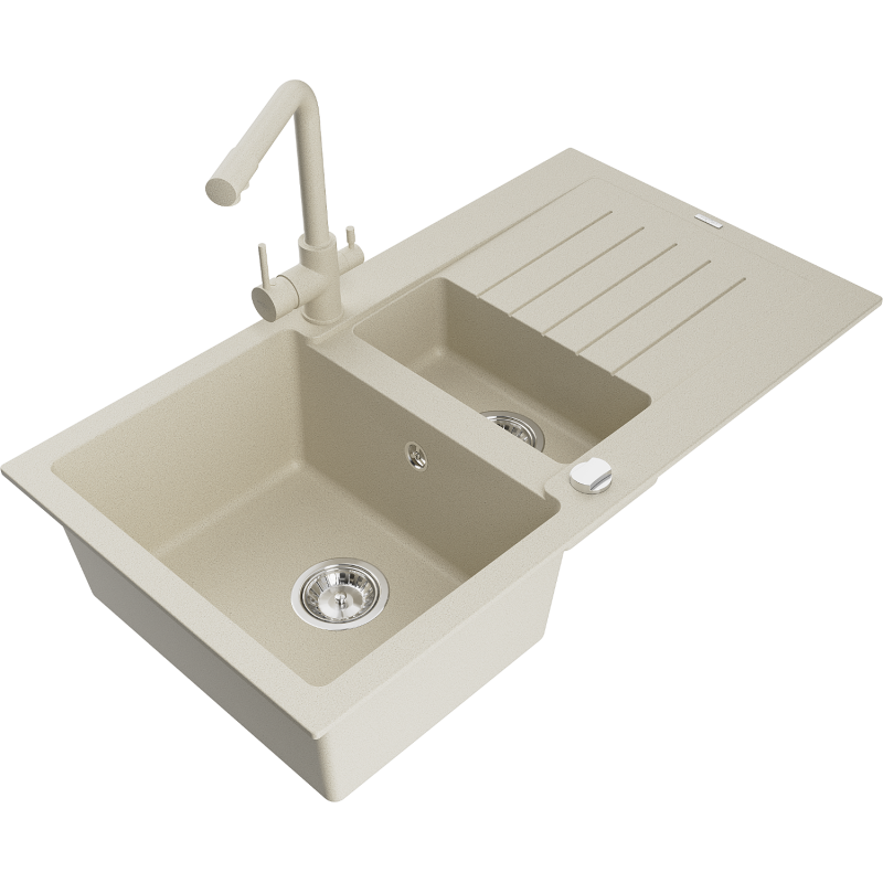Mexen Matias granite kitchen sink 1.5-bowl with drainer and Duero kitchen faucet, beige - 6502-69-671600-69