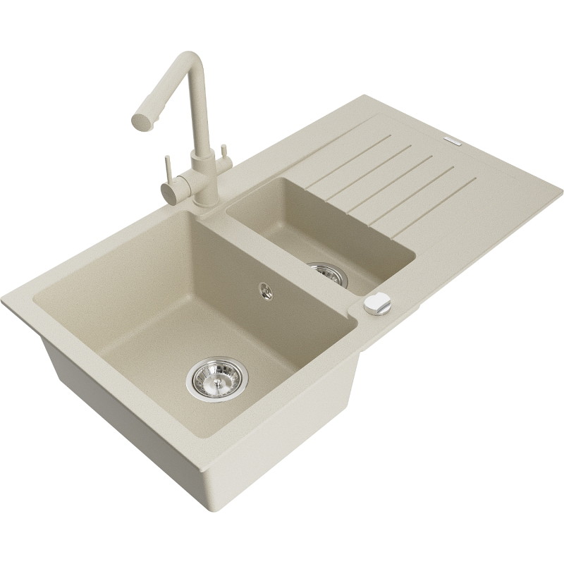 Mexen Matias granite sink 1.5-bowl with drainer and Duero kitchen faucet, beige - 6502-69-671600-69