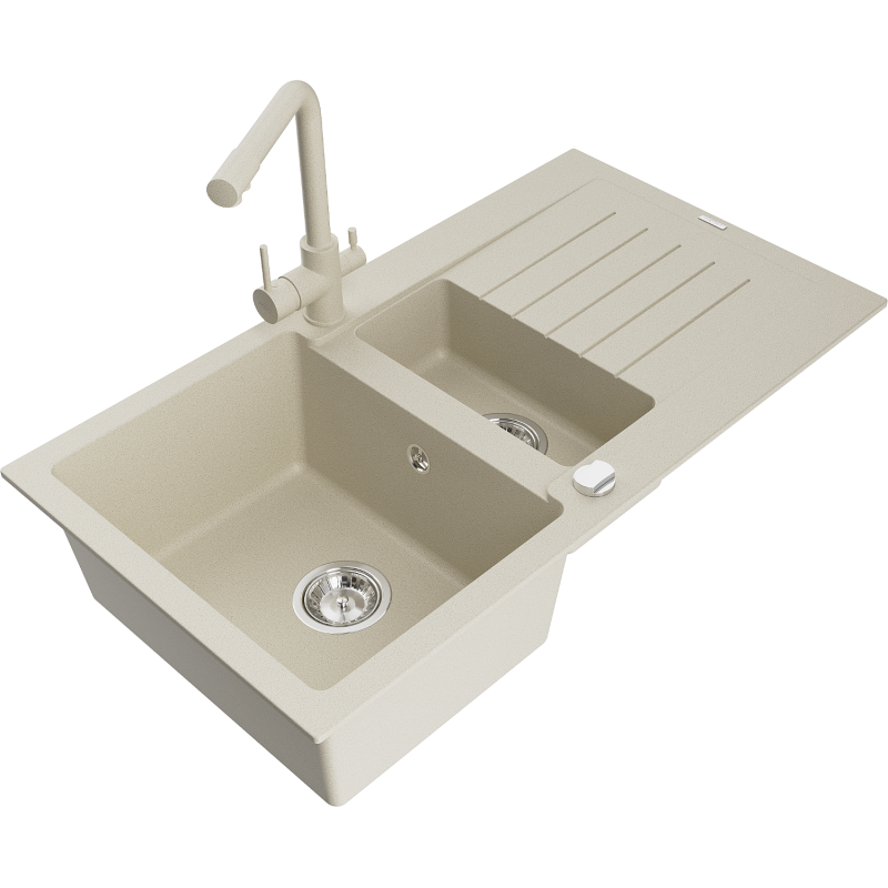 Mexen Matias granite sink 1.5-bowl with drainer and Duero kitchen tap, beige - 6502-69-671600-69