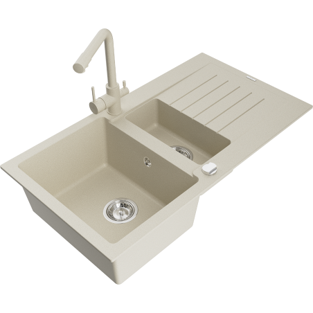 Mexen Matias 1.5-compartment granite sink with a drip tray and kitchen mixer tap Duero, Beige - 6502-69-671600-69