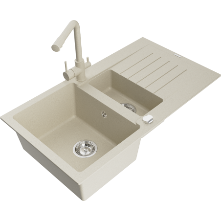 Mexen Matias granite kitchen sink 1.5-bowl with drainer and Duero kitchen faucet, beige - 6502-69-671600-69