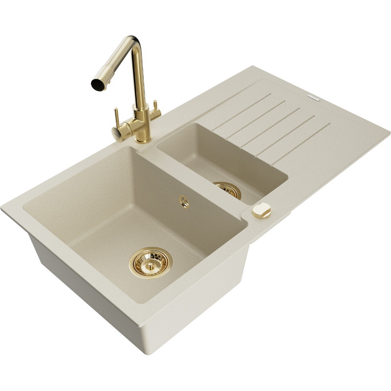 Mexen Matias 1.5-Bowl Granite Kitchen Sink with Drainer and Kitchen Faucet Duero, Beige - 6502-69-671600-50