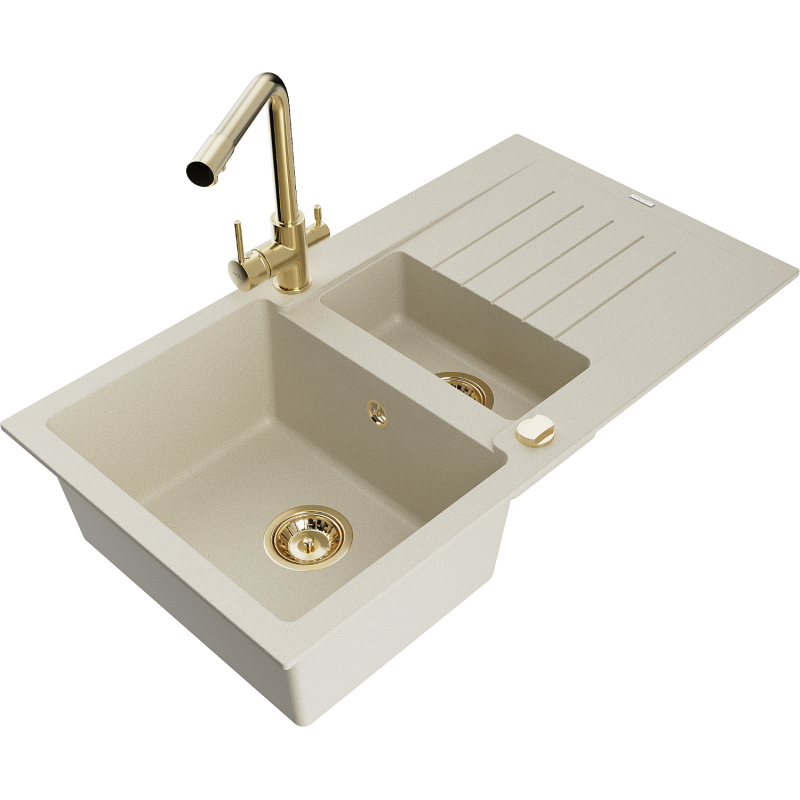 Mexen Matias 1.5-compartment granite sink with a drip tray and kitchen mixer tap Duero, Beige - 6502-69-671600-50
