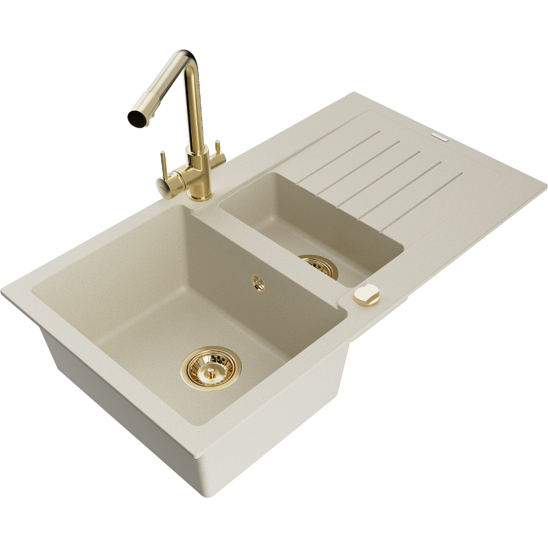 Mexen Matias granite sink 1.5-bowl with drainer and Duero kitchen tap, beige - 6502-69-671600-50