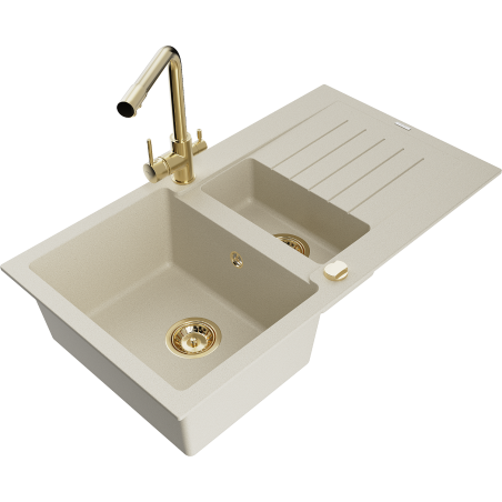 Mexen Matias granite sink 1.5-bowl with drainer and Duero kitchen tap, beige - 6502-69-671600-50