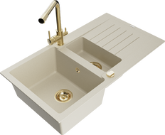 Mexen Matias 1.5-compartment granite sink with a drip tray and kitchen mixer tap Duero, Beige - 6502-69-671600-50