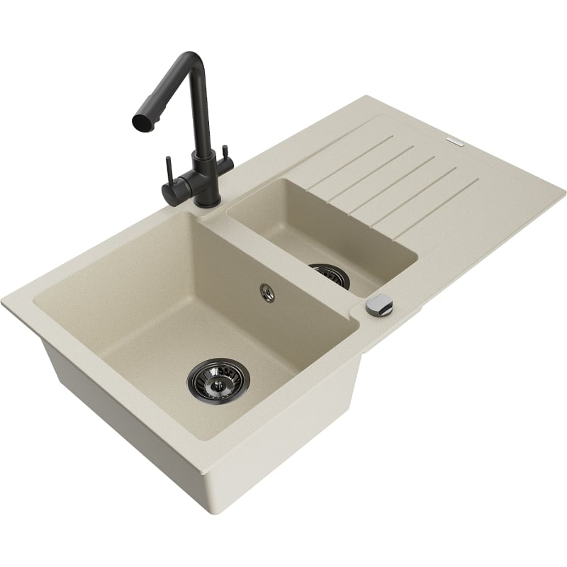 Mexen Matias 1.5-bowl granite sink with drainer and Duero kitchen faucet, beige - 6502-69-671600-70