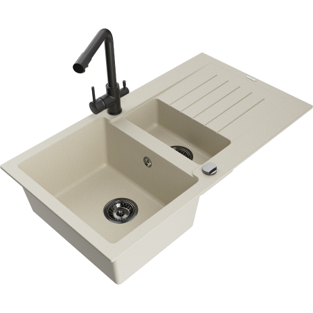 Mexen Matias 1.5-bowl granite sink with drainer and Duero kitchen faucet, beige - 6502-69-671600-70