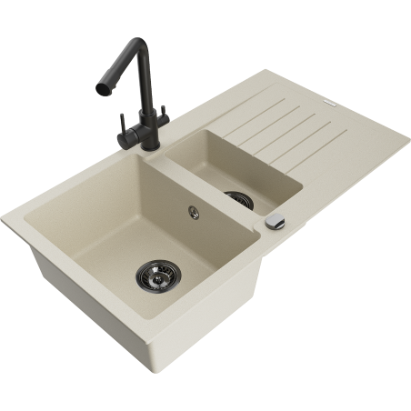 Mexen Matias 1.5-compartment granite sink with a drip tray and kitchen mixer tap Duero, Beige - 6502-69-671600-70