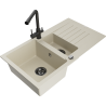 Mexen Matias 1.5-compartment granite sink with a drip tray and kitchen mixer tap Duero, Beige - 6502-69-671600-70