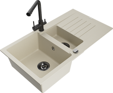 Mexen Matias 1.5-bowl granite sink with drainer and Duero kitchen faucet, beige - 6502-69-671600-70