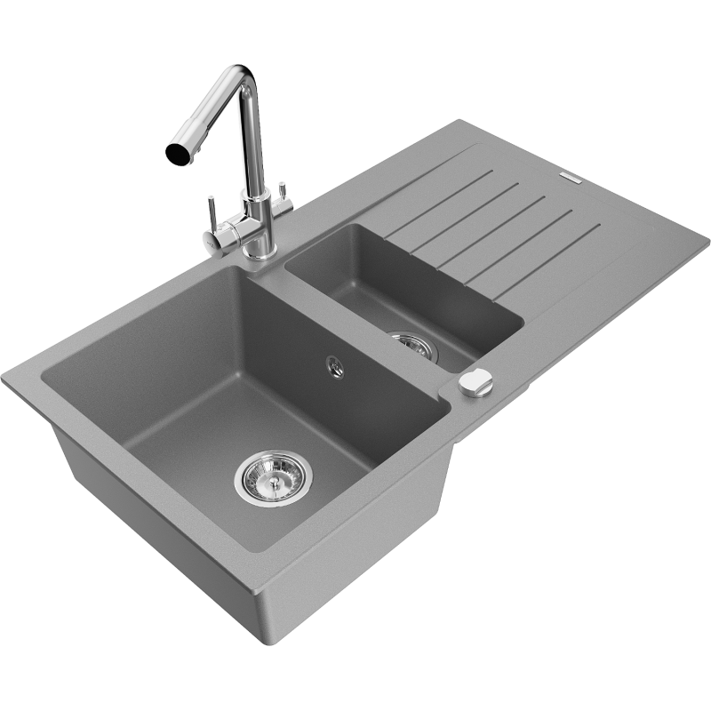 Mexen Matias 1.5-bowl granite sink with drainer and Duero kitchen tap, grey - 6502-71-671600-00