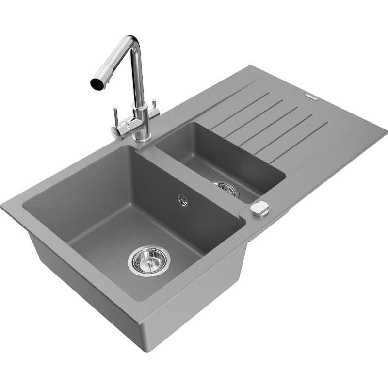 Mexen Matias granite sink 1.5-bowl with drainer and kitchen faucet Duero, gray - 6502-71-671600-00