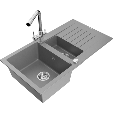 Mexen Matias 1.5-bowl granite sink with drainer and Duero kitchen tap, grey - 6502-71-671600-00