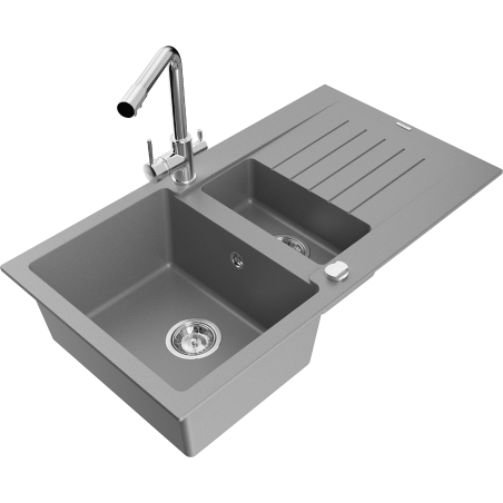 Mexen Matias granite sink 1.5-bowl with drainer and kitchen faucet Duero, gray - 6502-71-671600-00