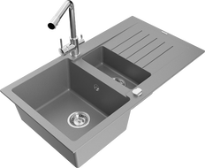 Mexen Matias 1.5-compartment granite sink with a drip tray and kitchen mixer tap Duero, Grey - 6502-71-671600-00