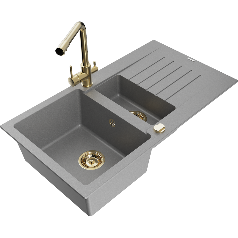 Mexen Matias 1.5-bowl Granite Sink with Drainer and Duero Kitchen Tap, Grey - 6502-71-671600-50