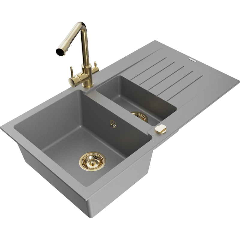 Mexen Matias 1.5-compartment granite sink with a drip tray and kitchen mixer tap Duero, Grey - 6502-71-671600-50