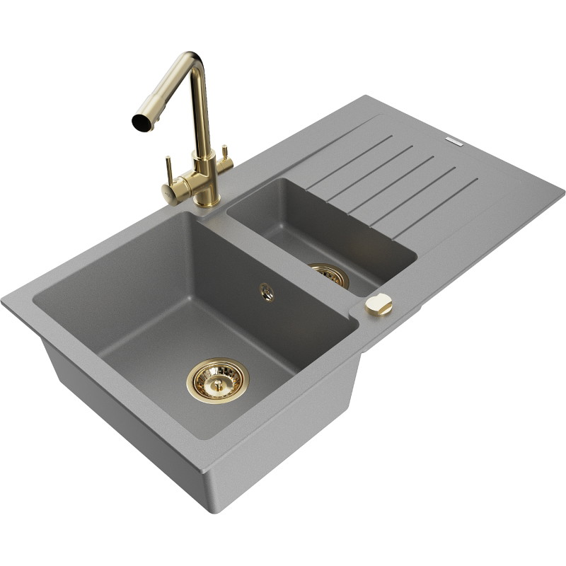Mexen Matias granite sink 1.5-bowl with drainer and Duero kitchen faucet, gray - 6502-71-671600-50