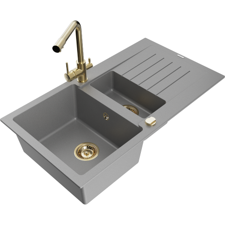 Mexen Matias 1.5-bowl granite sink with drainer and Duero kitchen faucet, gray - 6502-71-671600-50