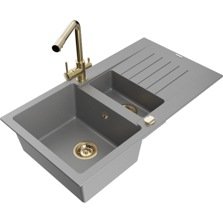 Mexen Matias 1.5-compartment granite sink with a drip tray and kitchen mixer tap Duero, Grey - 6502-71-671600-50