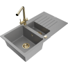 Mexen Matias granite sink 1.5-bowl with drainer and Duero kitchen faucet, gray - 6502-71-671600-50