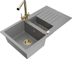 Mexen Matias 1.5-compartment granite sink with a drip tray and kitchen mixer tap Duero, Grey - 6502-71-671600-50