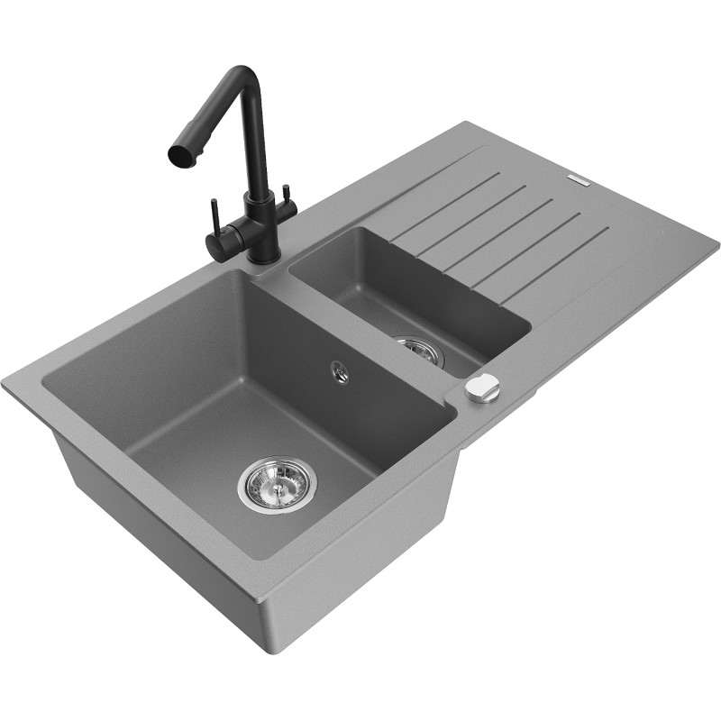 Mexen Matias 1.5-bowl granite sink with drainer and Duero kitchen faucet, gray - 6502-71-671600-70