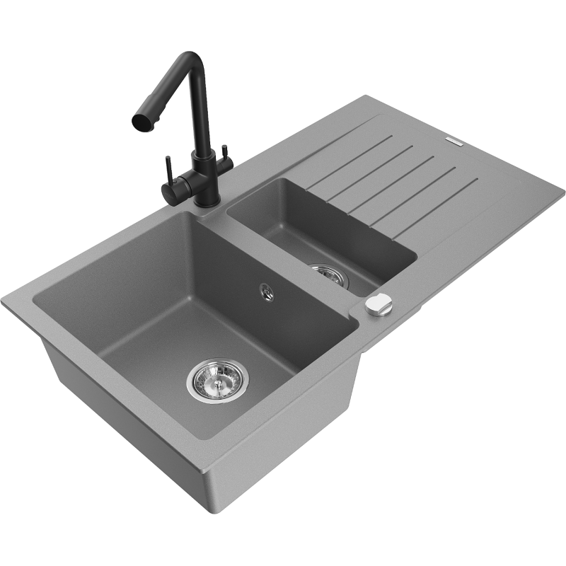 Mexen Matias granite sink 1.5-bowl with drainer and Duero kitchen tap, grey - 6502-71-671600-70