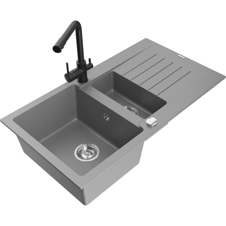 Mexen Matias 1.5-compartment granite sink with a drip tray and kitchen mixer tap Duero, Grey - 6502-71-671600-70