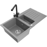 Mexen Matias 1.5-compartment granite sink with a drip tray and kitchen mixer tap Duero, Grey - 6502-71-671600-70