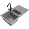 Mexen Matias granite sink 1.5-bowl with drainer and Duero kitchen tap, grey - 6502-71-671600-70