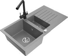 Mexen Matias 1.5-compartment granite sink with a drip tray and kitchen mixer tap Duero, Grey - 6502-71-671600-70