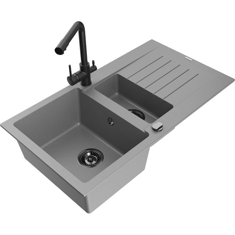 Mexen Matias 1.5-compartment granite sink with a drip tray and kitchen mixer tap Duero, Grey - 6502-71-671600-70-B