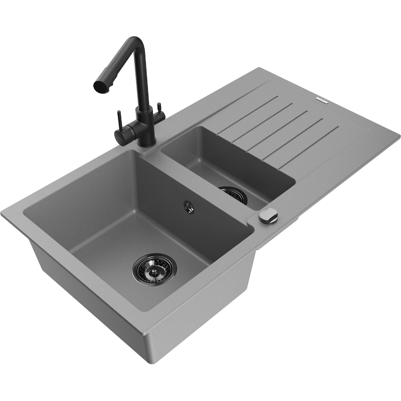 Mexen Matias granite sink 1.5-bowl with drainer and Duero kitchen tap, grey - 6502-71-671600-70-B