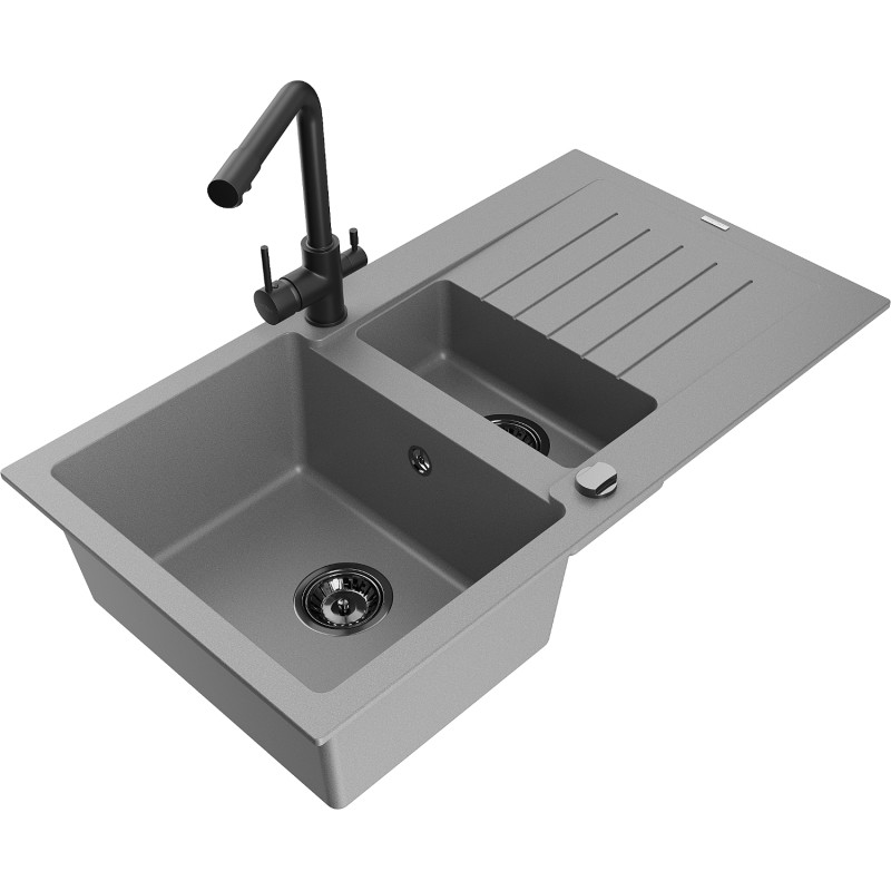 Mexen Matias granite sink with 1.5 bowls, drainer, and Duero kitchen faucet, gray - 6502-71-671600-70-B