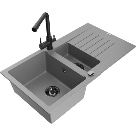 Mexen Matias 1.5-compartment granite sink with a drip tray and kitchen mixer tap Duero, Grey - 6502-71-671600-70-B