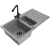Mexen Matias granite sink with 1.5 bowls, drainer, and Duero kitchen faucet, gray - 6502-71-671600-70-B
