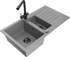 Mexen Matias granite sink with 1.5 bowls, drainer, and Duero kitchen faucet, gray - 6502-71-671600-70-B