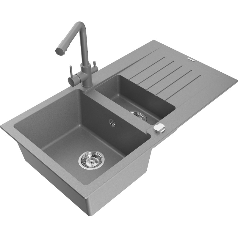 Mexen Matias 1.5-bowl granite sink with drainer and Duero kitchen faucet, gray - 6502-71-671600-71