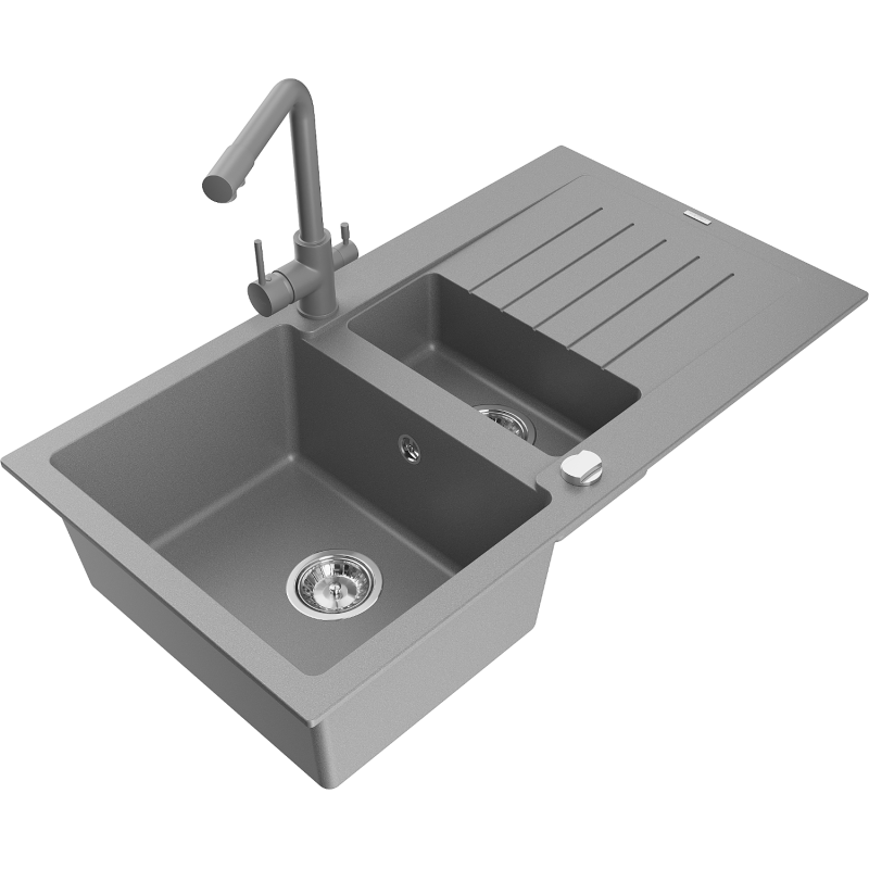 Mexen Matias granite sink 1.5-bowl with drainer and Duero kitchen tap, grey - 6502-71-671600-71