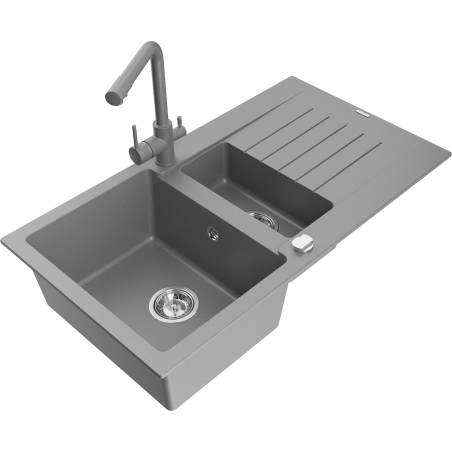 Mexen Matias 1.5-bowl granite sink with drainer and Duero kitchen faucet, gray - 6502-71-671600-71