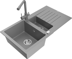 Mexen Matias granite sink 1.5-bowl with drainer and Duero kitchen tap, grey - 6502-71-671600-71