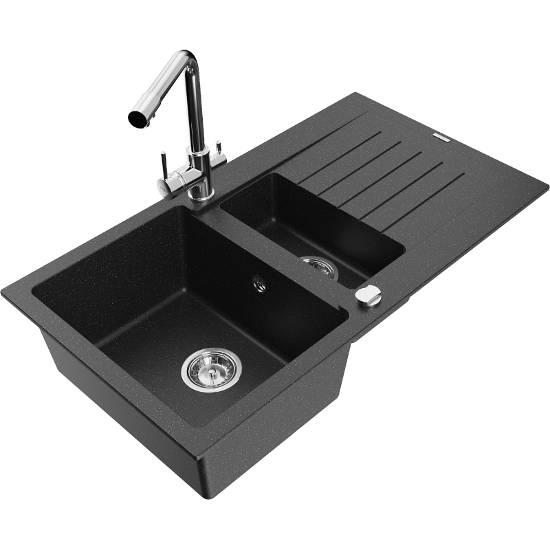 Mexen Matias 1.5-compartment granite sink with a drip tray and kitchen mixer tap Duero, Black/Silver metallic- 6502-73-671600-00